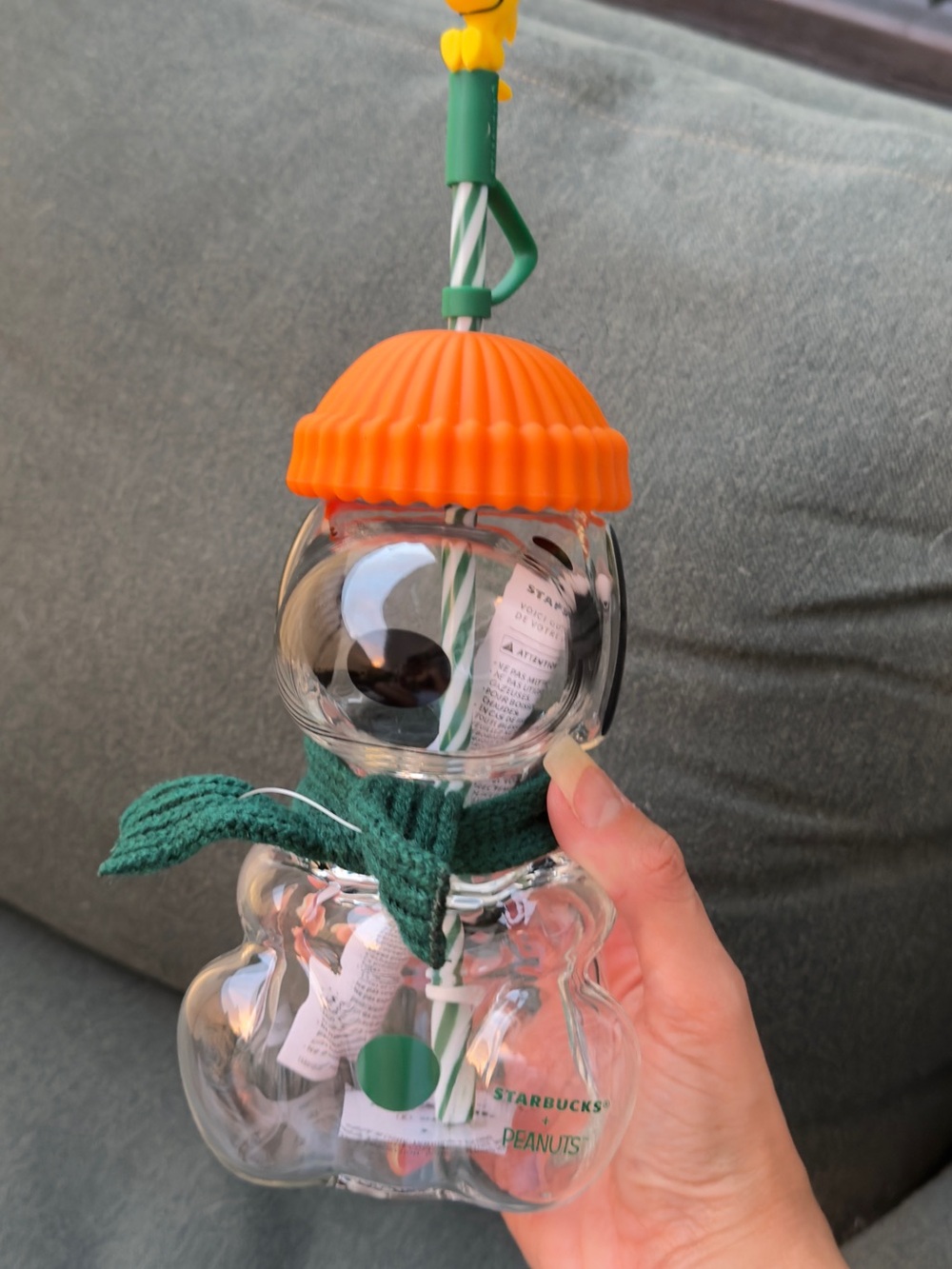 Starbucks Peanuts Snowman Bottle with Orange Hat and Green Scarf